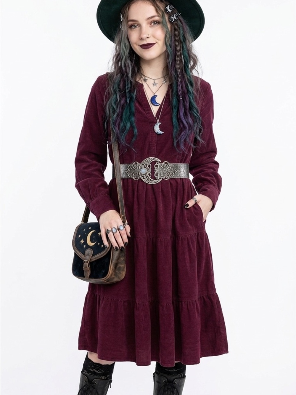 Women's Burgundy Tiered V-Neck Dress